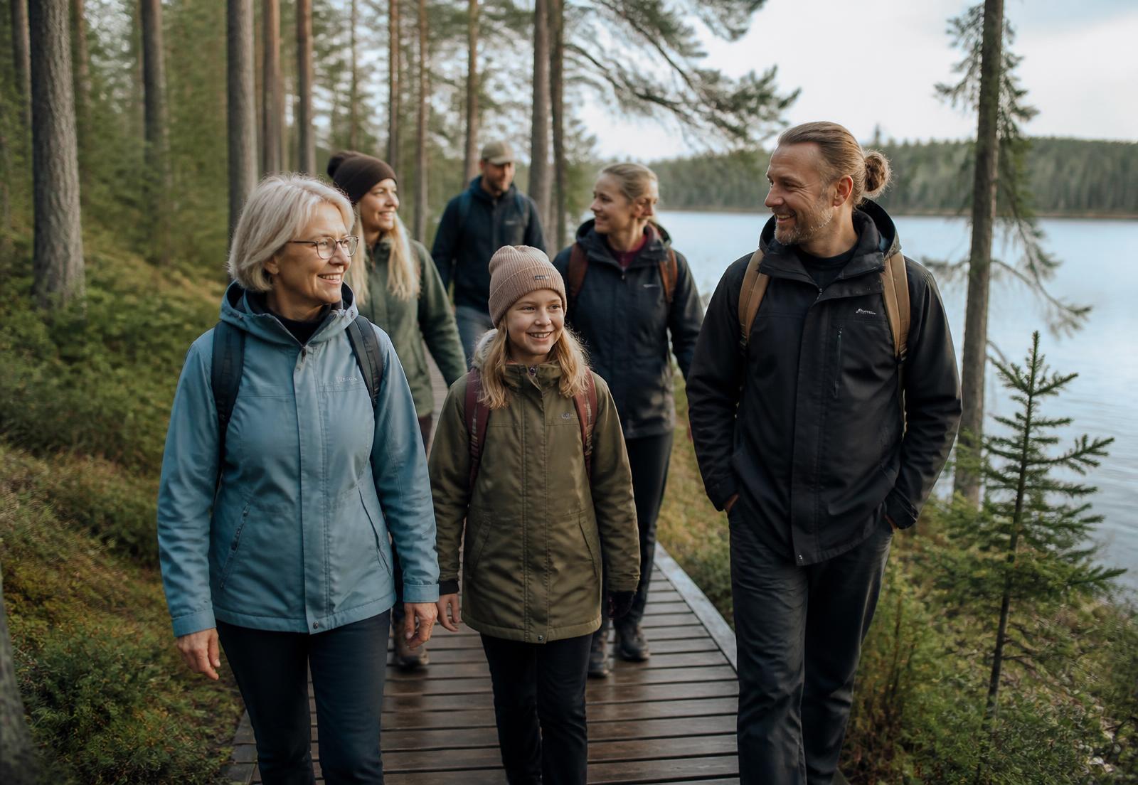 Eri-ikäisiä ihmisiä kävelemässä yhdessä pitkospuita pitkin järven rannalla
